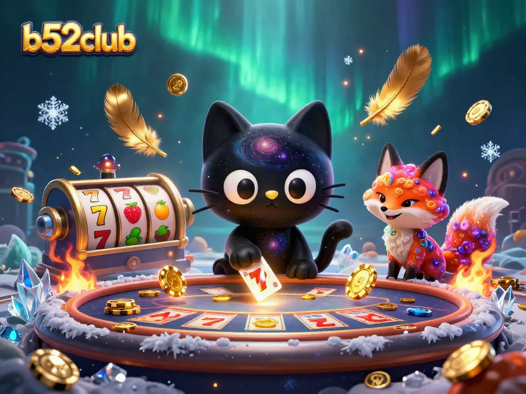 Engage with b52club's captivating cosmic casino experience, featuring a black hole cat collecting chips.