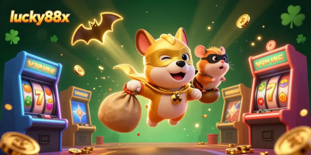 Win big with lucky88x in an exciting 3D casino illustration featuring vibrant characters and game elements.