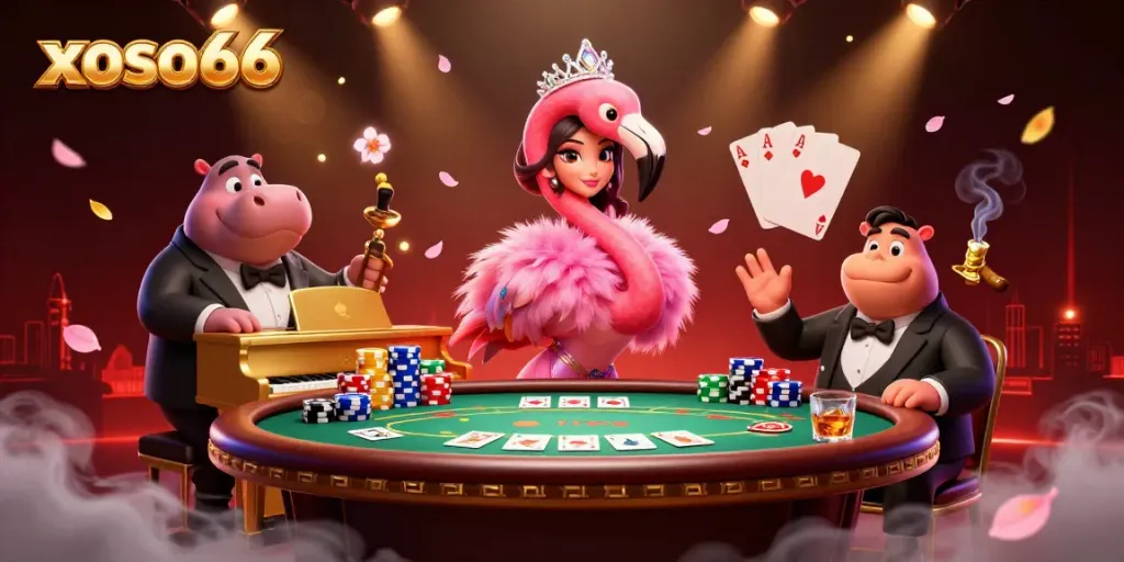 Engage in thrilling games at xoso66 with a vibrant casino scene full of action and atmosphere.