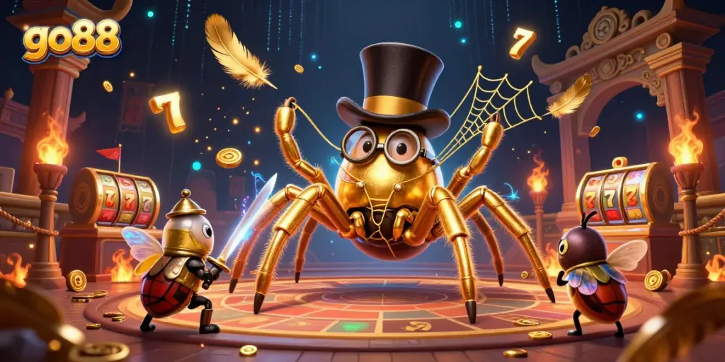 Engage with go88's thrilling gaming environment featuring a giant golden tarantula amid electrifying casino elements.
