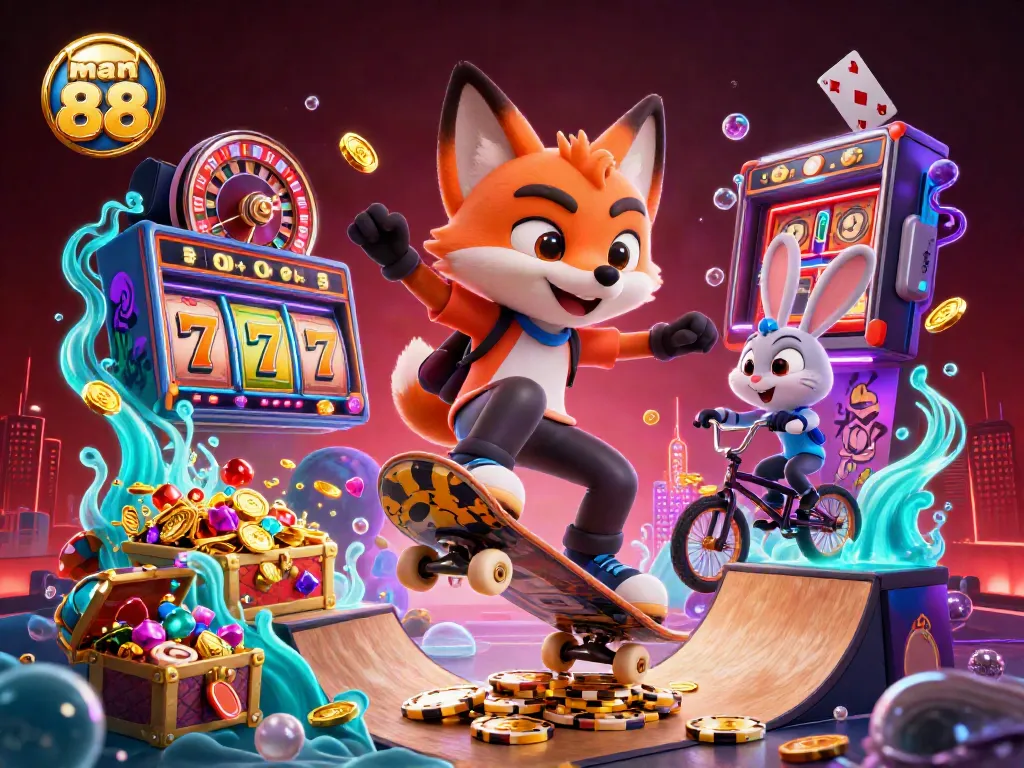 Engage with man88's vibrant casino scene featuring a skateboarder fox and BMX rabbit, surrounded by slot reels and glimmering treasure.
